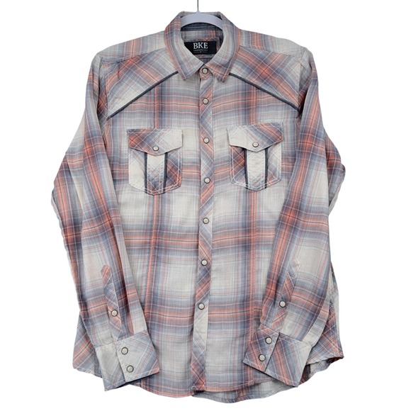 BKE Other - BKE Mens Plaid Pearl Snap Western Shirt Grey Orange Long Sleeve Medium